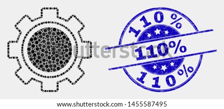 Pixel gear mosaic pictogram and 110% seal. Blue vector round distress seal stamp with 110% text. Vector combination in flat style. Black isolated gear mosaic of random spheres, and 110% imprint.