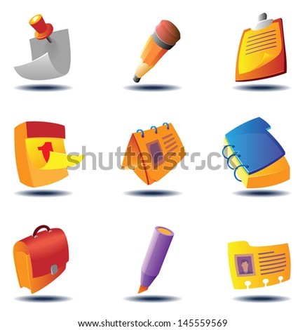 Icons for office: stationery and paper documents. Raster version. Vector version is also available.