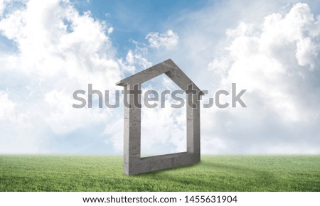 Big house sign on green field. Architecture agency advertising. Sale and rent new real property. Beautiful landscape with green grass and cloudy blue sky. Mixed media with 3D rendering object.