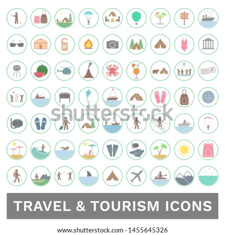 Tourism and travel icon set. Vector.