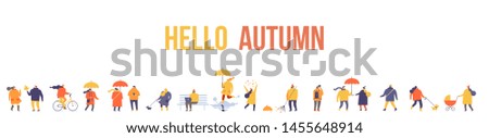 Autumn park landscape. Different People in warm clothes having fun outdoors in urban park. Colorful Autumn park flat vector illustration. Autumn park with people horizontal banners. 