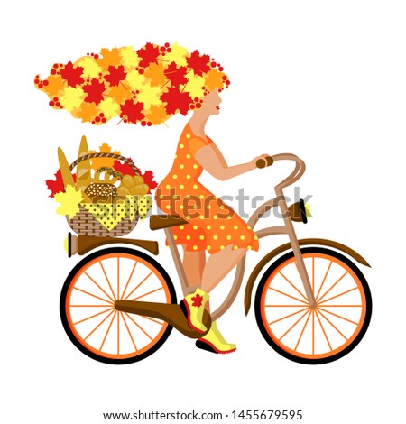 A metaphorical fairy tale character. Young autumn woman with hair from leaves rides a Bicycle. Basket of bread on the trunk. Cartoon flat vector illustration in warm colors. Isolated object on white 