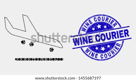 Pixel airplane arrival mosaic pictogram and Wine Courier seal stamp. Blue vector rounded grunge seal with Wine Courier message. Vector composition in flat style.