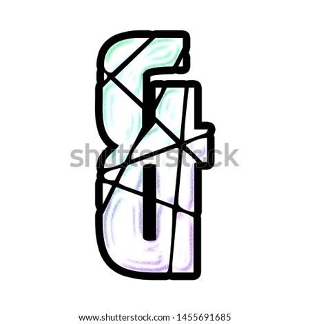 Bright glowing light white teal and purple colorful ampersand or and sign symbol in a 3D illustration with a black outline & neon glow in a shattered broken font isolated on a white background