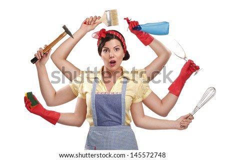 pretty very busy multitasking housewife  on white background Royalty-Free Stock Photo #145572748