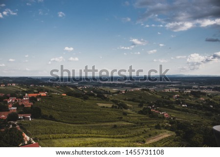 Scenic vieneyard landscape with clouds in the sky.