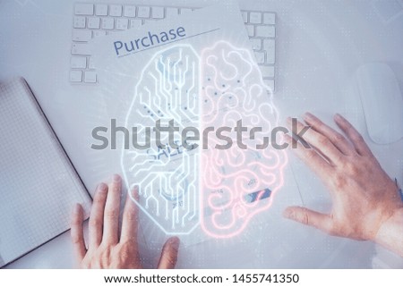 Haman brain double exposure icon with man hands background.