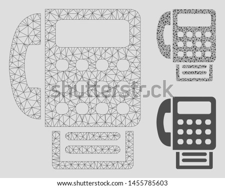 Mesh fax machine model with triangle mosaic icon. Wire carcass triangular mesh of fax machine. Vector collage of triangle elements in various sizes, and color tinges. Abstract flat mesh fax machine,