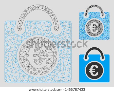 Mesh Euro shopping bag model with triangle mosaic icon. Wire frame triangular mesh of Euro shopping bag. Vector mosaic of triangle parts in various sizes, and color hues.