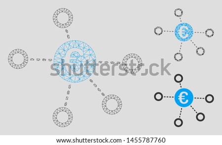 Mesh Euro network model with triangle mosaic icon. Wire frame triangular mesh of Euro network. Vector mosaic of triangle elements in variable sizes, and color tinges. Abstract flat mesh Euro network,