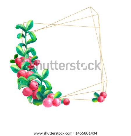Ripe berry cowberry on white background is isolated. Gold geometric frame. Watercolor illustration.