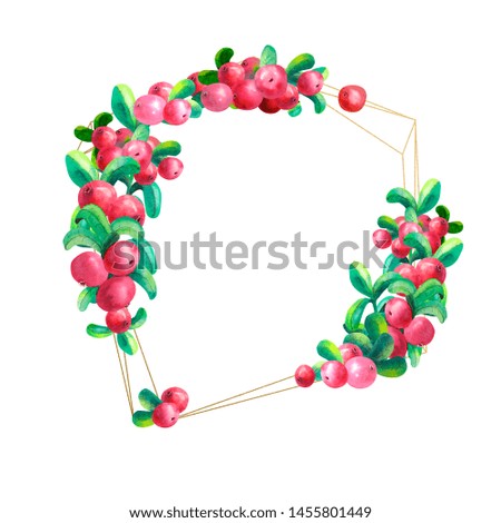 Ripe berry cowberry on white background is isolated. Gold geometric frame. Watercolor illustration.
