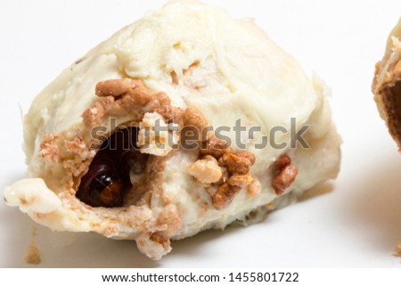 Close up of worm (Mudaria luteileprosa Holloway) on durian fruits isolated on white background. Durian seed borer