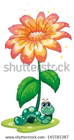 Illustration of an earthworm under the flower on a white background