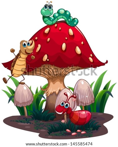 Illustration of a mushroom surrounded with different insects on a white background