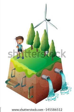 Illustration of a boy holding a bow at the top of the drainage on a white background