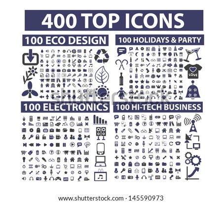 400 top icons set: business, website, media, music, travel, nature, holidays, party, technology, office, documents, vector