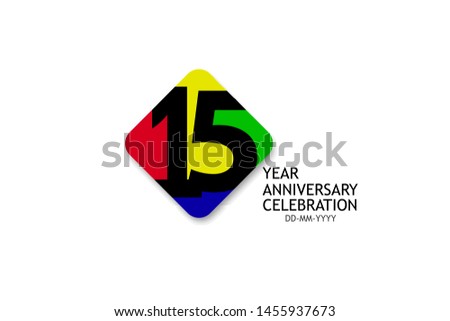 15 year anniversary, minimalist logo years, jubilee 4 colors red, yellow, green and purple, greeting card. invitation - Vector 