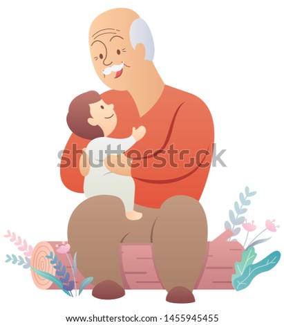 Cartoon illustration of grandfather holding his grandchild.