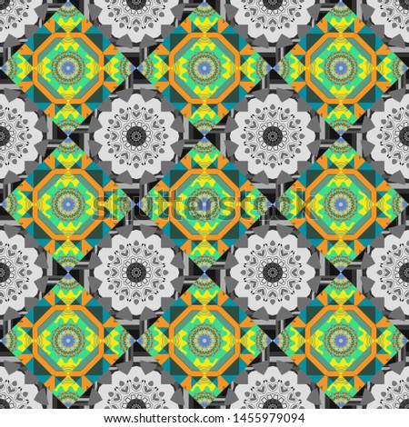 Bright flower. Vector illustration. Seamless pattern illustration for design. Abstract kaleidoscope yellow, green and gray background.