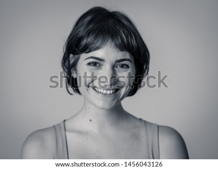 Close up portrait of attractive young pretty caucasian woman with happy face and beautiful smile. Isolated on white. In People, positive human facial expressions and emotions concept.