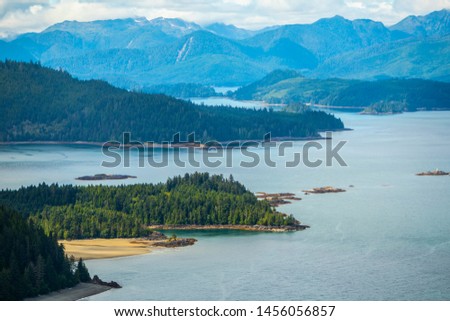 Top angle / aerial view of the islands of Haida Gwaii, British Columbia. Photographed on a telephoto lens.