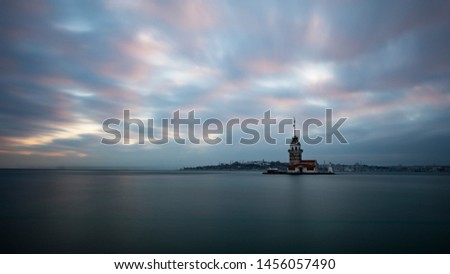 Maiden's tower and old Istanbul view at sunset golden hour. Salacak view. Historical Istanbul. Old town.