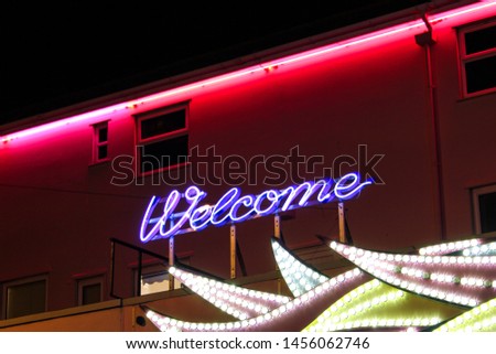 Neon sign reading 'welcome' during the night.