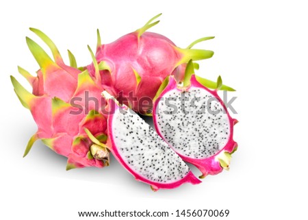 Dragon fruit(Pitahaya) of piles and half slice isolated white background view. Copy space. Creative idea of cut out with clipping path. 