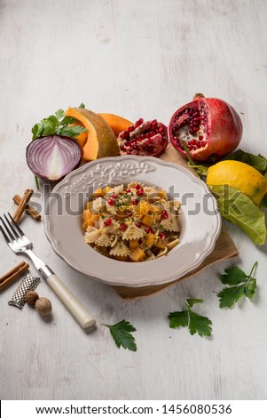 butterfly pasta with pumpkin pomegranate and spices