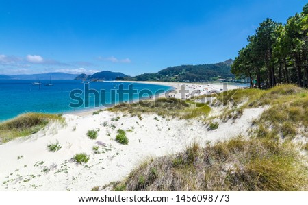 The Cies Islands are an archipelago located in the province of Pontevedra in the northwest of the Iberian Peninsula, at the mouth of the Vigo estuary, part of the Galician Rias Bajas, in Spain. Royalty-Free Stock Photo #1456098773