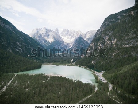aerial view of Lake Landro in Trentino Alto Adige Italy
