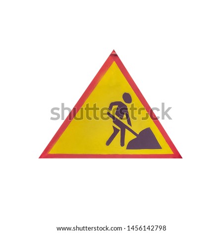 Road sign. Road works ahead. Isolated on white background. Original sign.