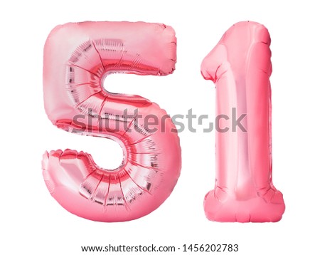 Number 51 fifty one made of rose gold inflatable balloons isolated on white background. Pink helium balloons forming 51 fifty one number