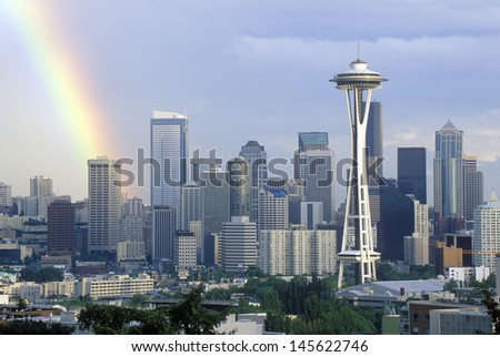 Rainbow over Seattle, WA skyline with Space Needle