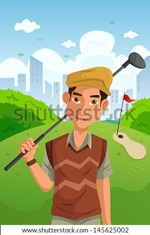 A vector illustration of healthy man holding golf club