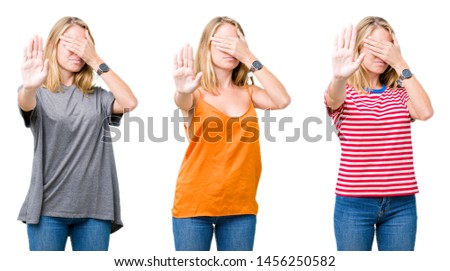 Collage of beautiful blonde woman over white isolated background covering eyes with hands and doing stop gesture with sad and fear expression. Embarrassed and negative concept.