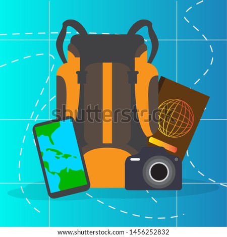 Camping backpack, passport , smartphone and camera. Travel and tourism - Vector