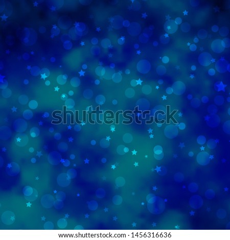 Light BLUE vector pattern with circles, stars. Abstract design in gradient style with bubbles, stars. Texture for window blinds, curtains.