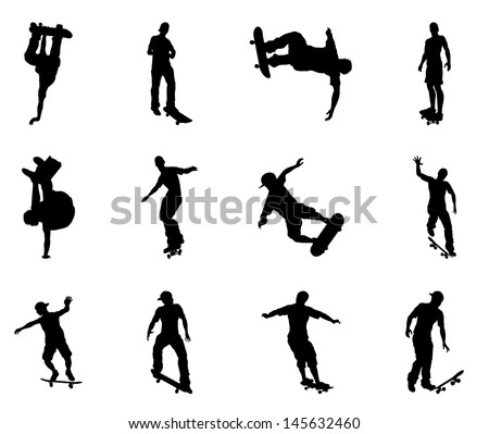 Skateboarders performing lots of tricks on their boards. Very high quality detailed skating skateboarder silhouette outlines.