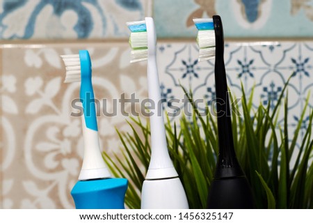 electric sonic toothbrushes for the whole family in the bathroom with decorative plants