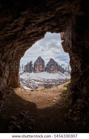 Landscape of The Three Peaks of Lavaredo (Tre Cime di Lavaredo), one of the most popular attraction in the Dolomites, Italy Royalty-Free Stock Photo #1456330307