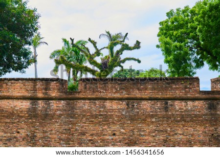 Old red brick wall of Fort Cornwallis in George Town Penang, Malaysia. Background with copy space.