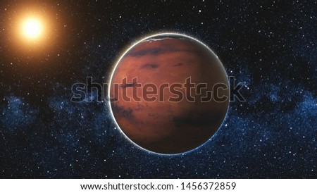 Mars in sun beams from open space. Red Planet close up rotate and spinning. Milky way in background. Abstract scientific background. 3D Render. Zoom. Elements of this image furnished by NASA