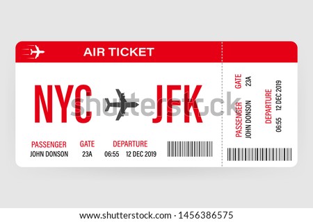 Modern and realistic airline ticket design with flight time and passenger name. vector illustration. Royalty-Free Stock Photo #1456386575