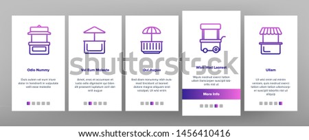 Kiosk, Market Stalls Types Onboarding Mobile App Page Screen. Kiosk Facade Shop, Store Symbols Pack. Exterior Pictograms. Isolated Building Signs. Ice Cream, Street Food Truck Illustrations