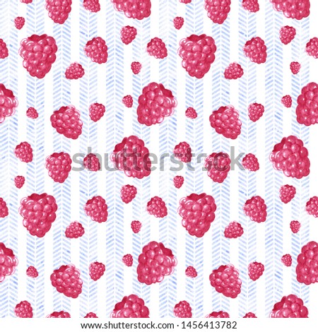 Seamless pattern, made of pink sweet raspberries, hand drawn botanical illustration,on blue stripes background.