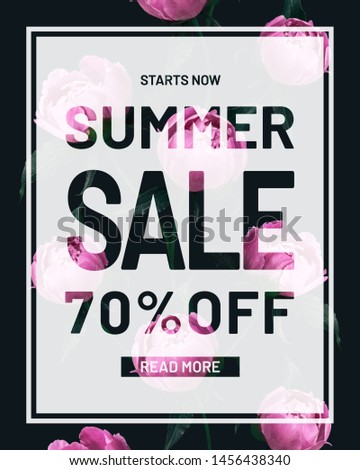 Summer Sale Discount peonies instagram banner. Special up to 70% off. Flowers on black background. Template for banner, flyer, Sale promotion, ad, blog, marketing.3. Eps 8