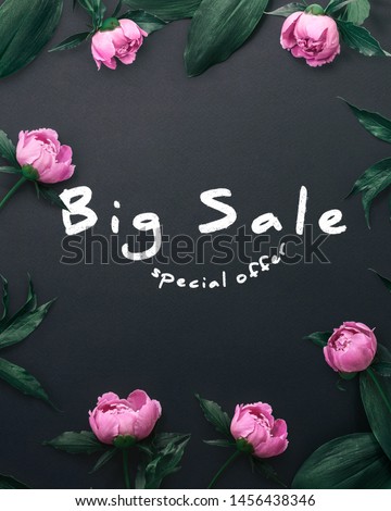 Big Sale Discount peonies instagram banner. Special offer. Flowers on black background. Template for banner, flyer, Sale promotion, ad, blog, marketing. Flat lay.2