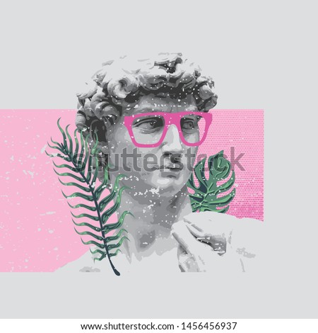 renaissance david sculpture stylish t-shirt and apparel trendy design with pink glasses, palm trees, print, vector illustration. Global swatches.